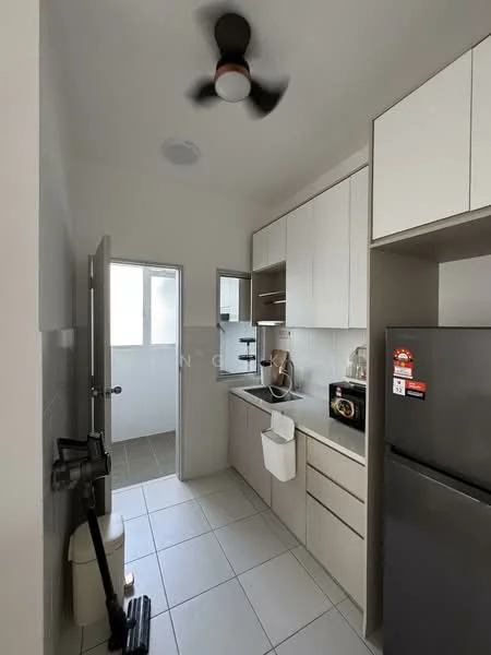 Kitchen features: white cabinetry, grey countertop, stainless-steel sink, chrome pull-down faucet, built-in microwave, freestanding fridge, 5-blade ceiling fan, tile flooring, wall-mounted cabinets, open shelving, window with sheer curtains, kitchen towel holder; style: modern.