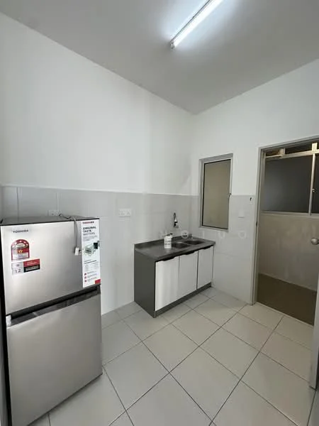Kitchen features: stainless-steel fridge, single-bowl stainless-steel sink, chrome pull-down faucet, grey cabinetry, white upper cabinets, white tiled walls, light grey tiled flooring, fluorescent ceiling light, window, door to adjacent room; style: modern.