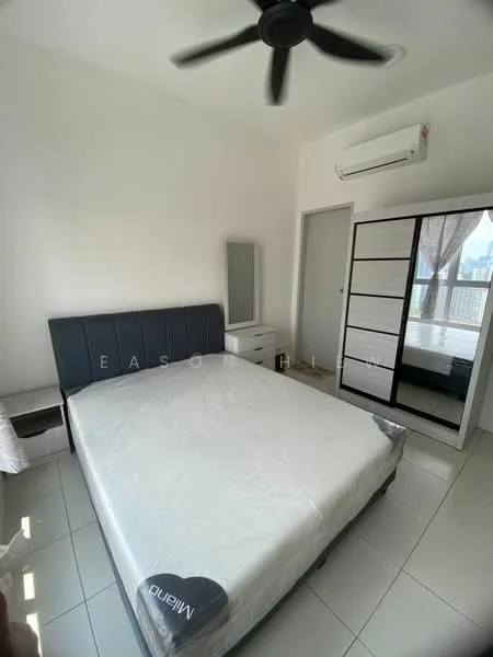 Bedroom features: queen-size bed, upholstered headboard in navy blue, white bedding, 2 bedside tables, 1 wall-mounted mirror, built-in wardrobe with sliding doors, ceiling fan, wall-mounted split AC, white painted walls, tile flooring, large window with sheer curtains; style: modern; view: city.