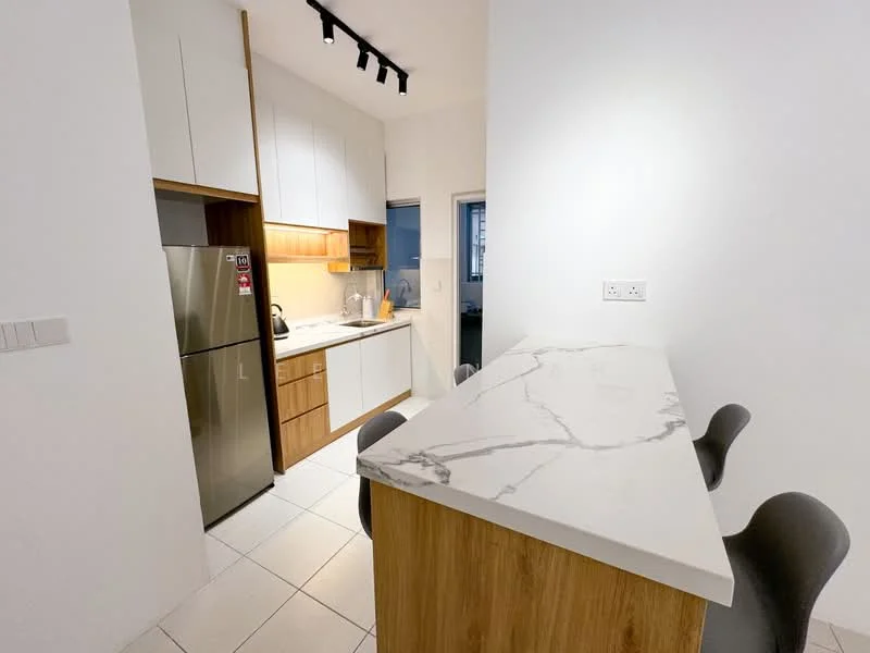 Kitchen features: white cabinets, wood cabinetry, marble countertop, stainless-steel fridge, built-in oven, kitchen island with seating, tile flooring, recessed lighting, open layout; style: modern.