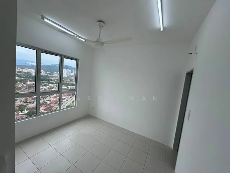 Room features: white painted walls, tile flooring, ceiling fan, floor-to-ceiling windows, mountain view, city skyline view, natural light, neutral color scheme; style: modern; view: city.