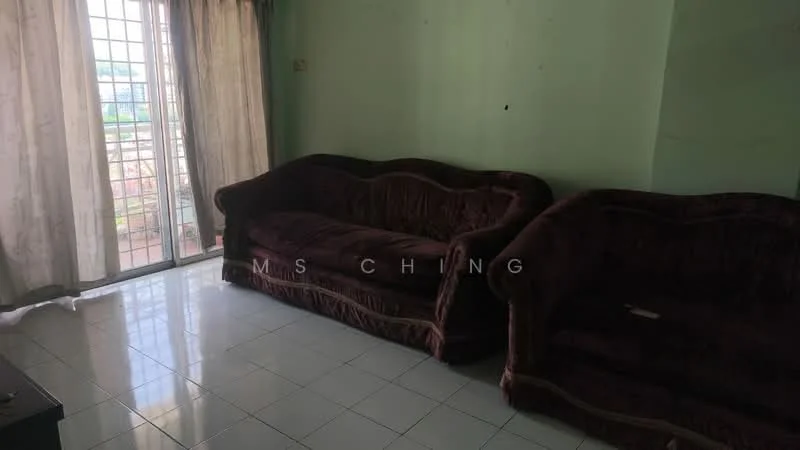 Living features: two brown velvet sofas, white tiled flooring, green painted walls, floor-to-ceiling windows, sheer curtains, sliding glass door, coffee table, decorative wall, natural light from window.