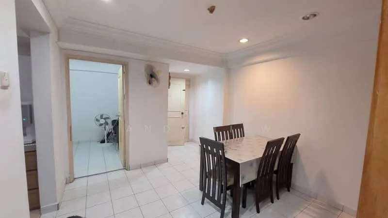 Dining features: dining table with six chairs, white tablecloth, white tiled flooring, recessed downlights, wall-mounted ceiling fan, light-colored walls, doorway leading to another room, open layout to adjacent room; style: modern. Room features: white tiled flooring, light-colored walls, doorway leading to bathroom, doorway leading to another room.