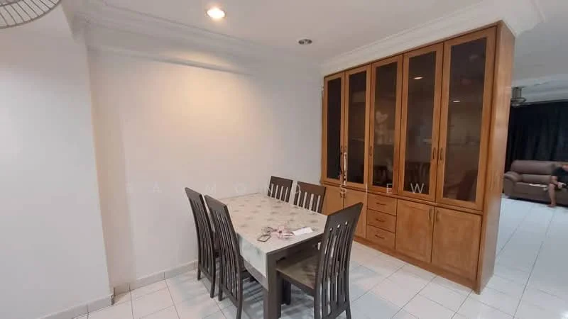 Dining features: 6-seater dining table, wooden dining chairs, glass tabletop, built-in wooden cabinetry, white painted walls, tile flooring, recessed ceiling lights, air conditioning unit, decorative items on table; style: modern.