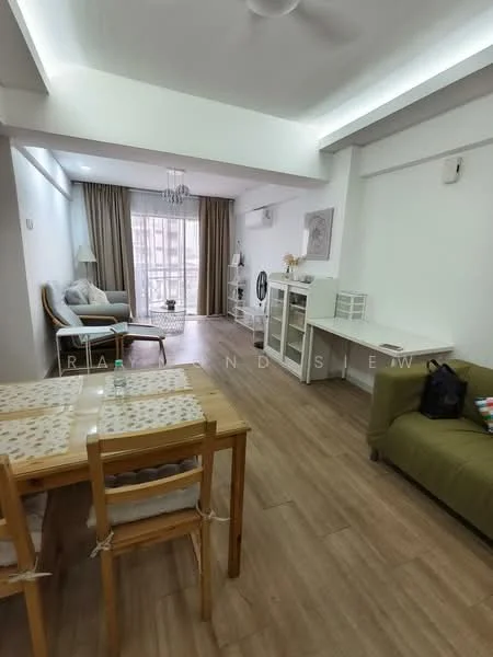 Living features: light wood flooring, white painted walls, ceiling fan, large window with sheer curtains, sofa in light grey fabric, coffee table, TV console, decorative wall art, area rug, dining table with four chairs, green fabric sofa, open layout; style: modern; view: city.