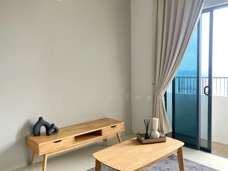 Living features: light grey painted walls, cream floor tiles, wooden TV console, wooden coffee table, decorative vases, decorative tray with candles, floor-to-ceiling sliding glass door, sheer curtains, area rug with neutral color; style: modern; view: city.