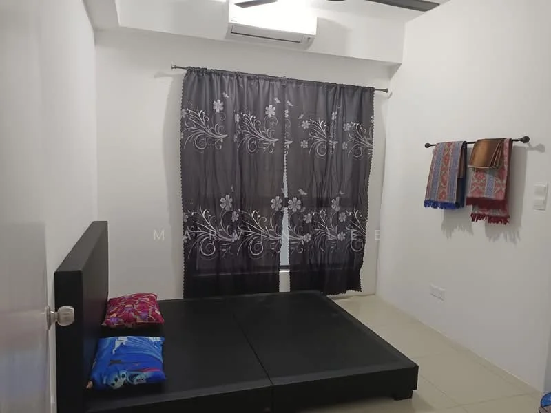 Bedroom features: white painted walls, tile flooring, black platform bed, two decorative pillows on bed, floor-to-ceiling windows, black sheer curtains with floral pattern, air conditioning unit, ceiling fan, wall-mounted towel rack, two decorative throws on rack; style: modern.