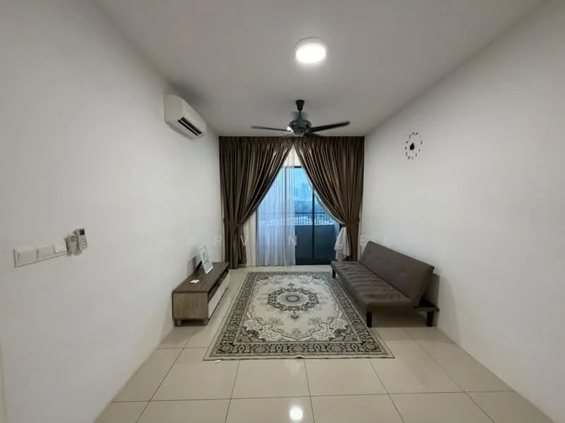 Living features: white painted walls, polished ceramic tile flooring, 5-blade ceiling fan with light, wall-mounted air conditioning unit, large window with city view, floor-to-ceiling curtains in brown, decorative wall clock, area rug with intricate pattern, sofa bed in brown, side table with drawer; style: modern; view: city.