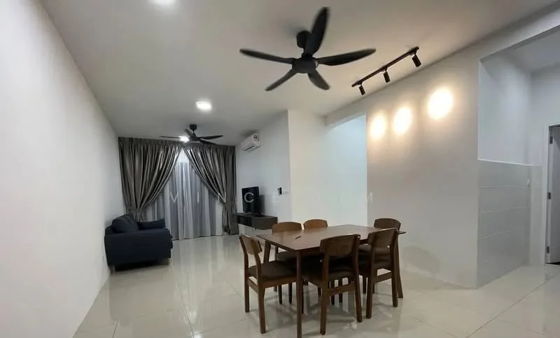 Living features: white painted walls, glossy tile flooring, 5-blade ceiling fan with light, sofa in dark blue, dining table for 6, wooden dining chairs, curtains in grey, wall-mounted TV, recessed lighting; style: modern.