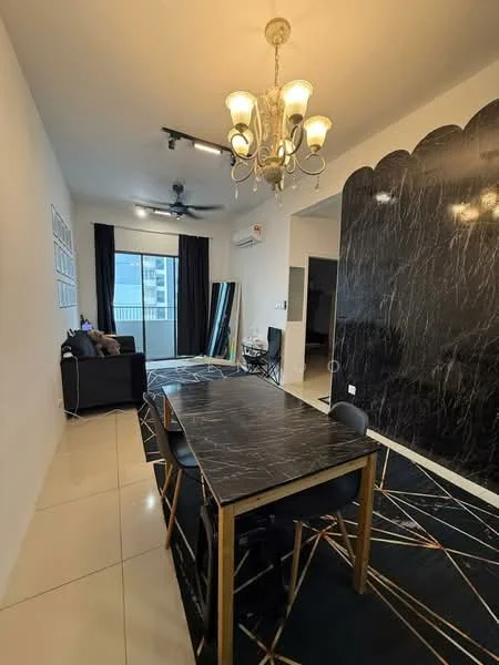 Dining features: black marble dining table, 4 black dining chairs, chandelier with multiple bulbs, white painted walls, black accent wall with marble finish, floor-to-ceiling windows, sliding glass door, dark area rug with geometric pattern, ceiling fan, decorative mirror, wall-mounted air conditioning unit; style: modern; view: city.