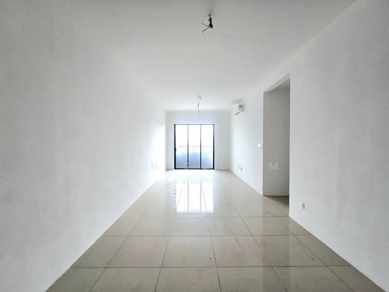 Room features: white painted walls, polished ceramic tile flooring, floor-to-ceiling windows, 1 wall-mounted split AC, recessed downlights, neutral color scheme, open space layout, natural light from windows; style: modern.