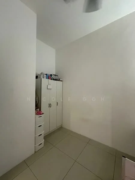 Room features: white painted walls, tile flooring, built-in wardrobe, small storage drawers, ceiling fan.
