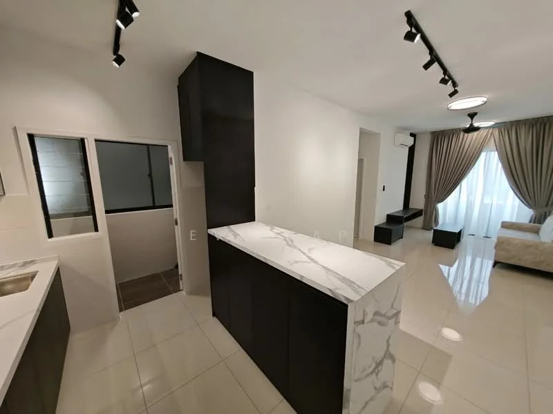 Kitchen features: marble countertop, dark cabinetry, stainless-steel sink, recessed LED downlights, wall-mounted split AC, white tiled flooring, open layout, window with view, kitchen island; style: modern. Living features: floor-to-ceiling windows, curtains, light-colored sofa, coffee table, white walls, recessed lighting; style: modern.