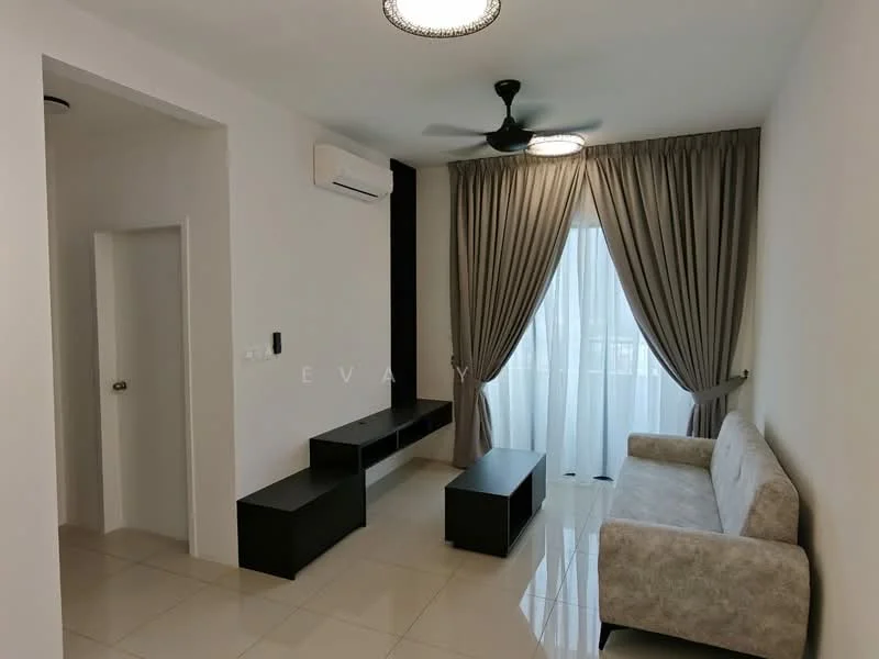 Living features: sofa in light grey fabric, black TV console, white walls, cream tiled flooring, floor-to-ceiling windows with sheer curtains, 5-blade ceiling fan with light, air conditioning unit, decorative wall paneling; style: modern.