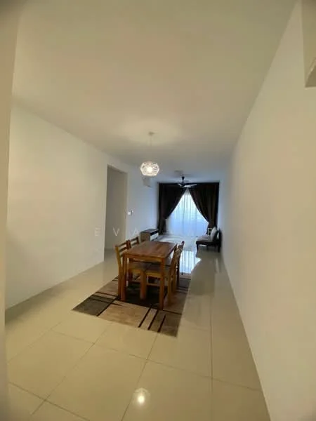 Dining features: dining table with 6 wooden chairs, pendant light fixture, floor-to-ceiling window with sheer curtains, dark brown sofa, cream walls, glossy beige tile flooring, area rug with geometric pattern, ceiling fan; style: modern.