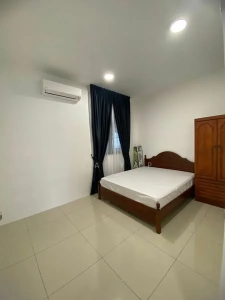 Bedroom features: white painted walls, glossy tile flooring, queen-size bed frame, no mattress, dark wood wardrobe, floor-to-ceiling window, sheer curtains, wall-mounted split AC, recessed downlights; style: minimalist.