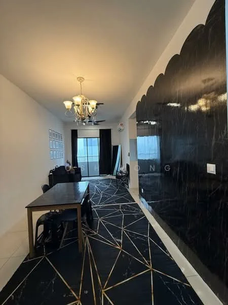 Dining features: black dining table, 4 dining chairs, chandelier with multiple bulbs, ceiling fan with light, black and gold geometric area rug, white painted walls, black accent wall with glossy finish, floor-to-ceiling windows with sheer curtains; style: modern.