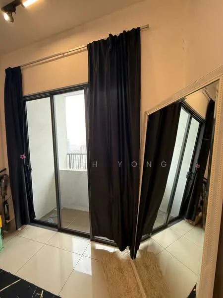 Room features: floor-to-ceiling sliding glass door, black curtains, large mirror, white walls, tile flooring, balcony view, decorative rug; style: modern; view: city.