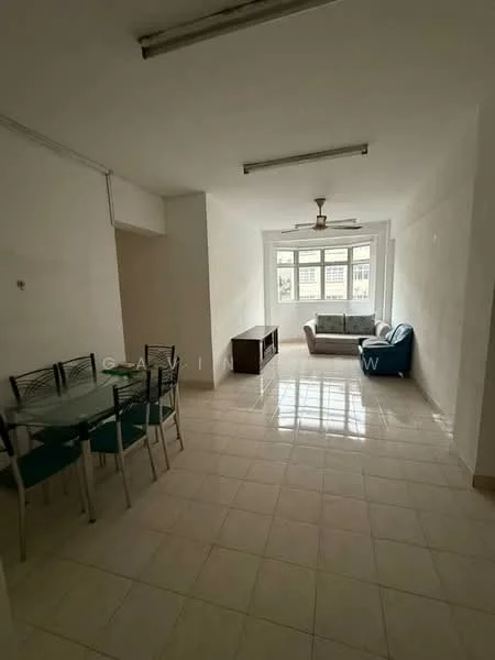 Living features: white painted walls, glossy tile flooring, 5-blade ceiling fan, large windows with grid pattern, sofa in blue fabric, wooden TV console, dining table with metal frame and glass top, 4 dining chairs with metal frames, natural light from windows; style: modern.