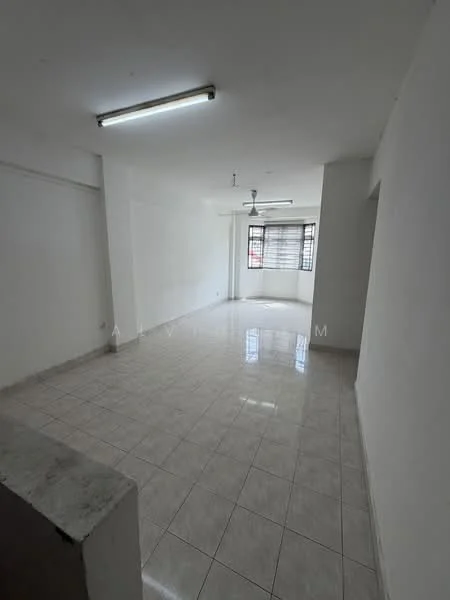 Room features: white painted walls, glossy ceramic tile flooring, ceiling with fluorescent lights, 1 ceiling fan, large window with grid pattern, neutral color scheme, open layout, no visible furniture; style: minimalist.