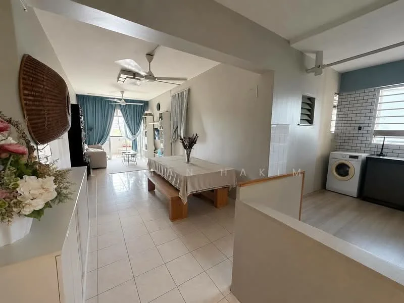 Living features: light grey walls, white ceiling, 5-blade ceiling fan, large windows with sheer curtains, dining table with chairs, sofa, decorative plants, tile flooring; style: modern; view: city. Kitchen features: white cabinetry, black countertop, stainless-steel sink, built-in washing machine, ceramic tile backsplash, window above sink, recessed lighting, vinyl plank flooring; style: modern.