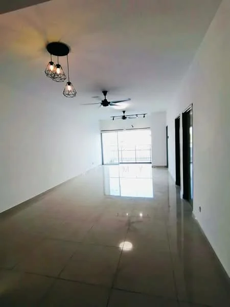 Living features: polished ceramic tile flooring, white painted walls, 5-blade ceiling fan with light, 3 pendant lights, floor-to-ceiling windows, sliding glass door, recessed LED downlights, open layout; style: modern.