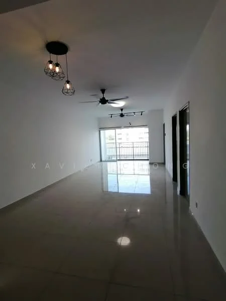 Living features: white painted walls, polished ceramic tile flooring, 5-blade ceiling fan with light, 3 pendant lights, floor-to-ceiling windows, sliding glass door, natural light from windows, open layout; style: modern; view: garden.