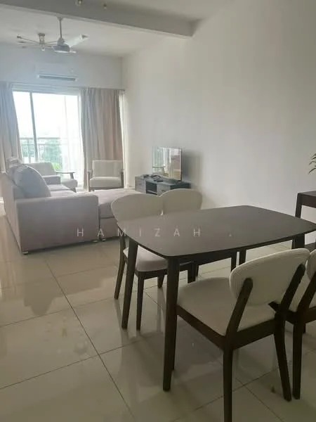 Living features: 3-seater fabric sofa in light grey, 2-seater fabric sofa in light grey, coffee table, TV console, wall-mounted TV, floor-to-ceiling windows, curtains, ceiling fan, marble tile flooring, decorative plant, area rug, light-colored walls; style: modern; view: city. Dining features: 4-seater dining table in dark wood, upholstered dining chairs in white, light-colored walls, marble tile flooring; style: modern.
