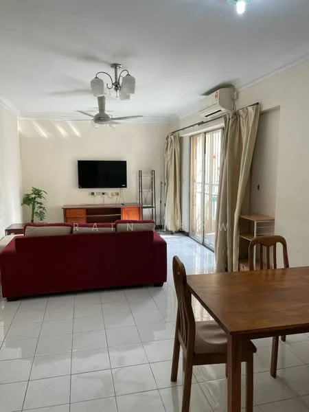 Living features: red fabric sofa, wooden dining table with chairs, wall-mounted TV, ceiling fan, recessed lighting, sliding glass door, curtains, white tiled flooring, air conditioning unit, indoor plant, open layout; style: modern.