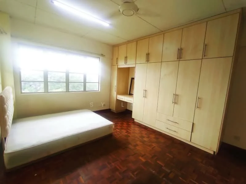 Bedroom features: wooden flooring, built-in wardrobe with multiple doors, large window with natural light, ceiling fan, neutral wall color, empty bed frame, study desk area, laminate cabinetry; style: modern; view: garden.