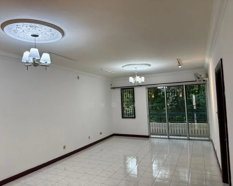Living features: white painted walls, glossy white tile flooring, tray ceiling with decorative molding, 2 ceiling lights with shades, 1 wall-mounted split AC, floor-to-ceiling sliding glass door, curtains on sliding door, balcony access, natural light from large window, neutral color scheme; style: modern; view: garden.