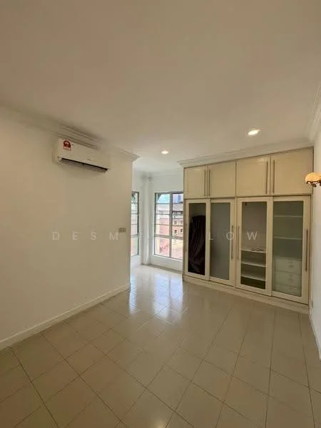 Room features: white painted walls, tile flooring, 1 wall-mounted split AC, built-in wardrobe with glass doors, recessed downlights, large window with view, neutral color scheme; style: modern; view: city.