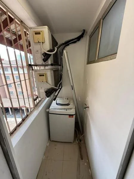 Laundry features: 1 front-load washing machine, 2 wall-mounted split AC units, white tiled flooring, window with metal bars, exposed plumbing, white walls, narrow space, utility area.