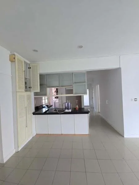Kitchen features: white cabinetry with glass-front upper cabinets, black countertop, stainless-steel sink, built-in appliances, tile flooring, open layout, neutral wall color, recessed lighting; style: modern.