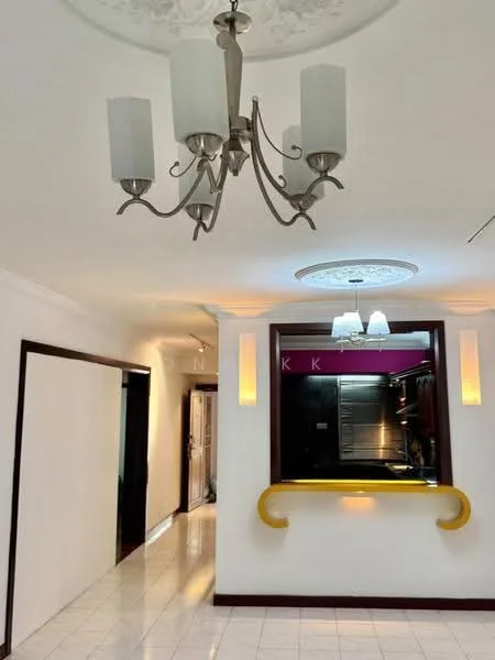 Room features: chandelier with five glass shades, white painted walls, crown moulding on ceiling, recessed ceiling lights, glossy white tile flooring, open kitchen pass-through with yellow accent, dark wood door frames, decorative wall sconces; style: modern.