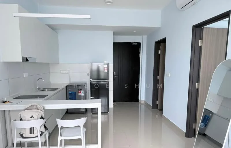 Kitchen features: white cabinetry, stainless-steel sink, chrome pull-down faucet, built-in fridge, freestanding washing machine, white tiled backsplash, grey countertop, open shelving, ceramic tile flooring, recessed downlights; style: modern. Room features: light blue painted walls, door to hallway, door to entrance.
