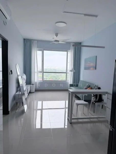 Living features: large floor-to-ceiling window, white painted walls, light grey ceiling, 5-blade ceiling fan with light, white dining table, 4 dining chairs, full-length mirror, polished ceramic tile flooring, sheer curtains, decorative wall art; style: modern; view: city.