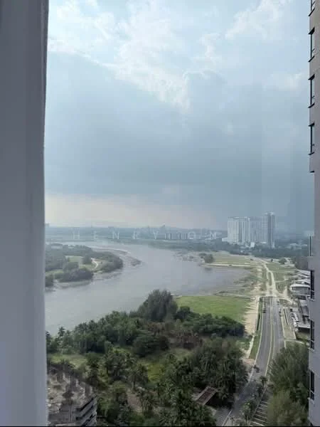 Exterior features: river view, green landscape, urban skyline in background, road visible, tropical vegetation, cloudy sky; style: modern.