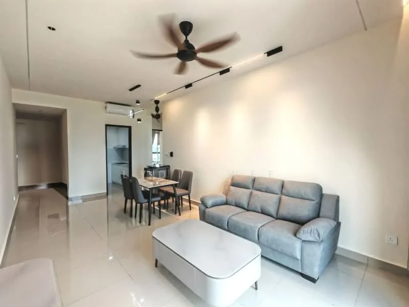 Living features: 3-seater fabric sofa in grey, coffee table, dining table for 4, 4 dining chairs, ceiling fan with 5 blades, recessed LED downlights, wall-mounted air conditioning unit, glossy tile flooring, light beige painted walls, large windows for natural light; style: modern.