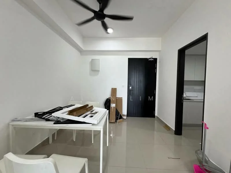 Room features: white painted walls, glossy tile flooring, ceiling fan, black door, white kitchen cabinetry visible, open layout, dining table, plastic chairs, kitchen area in background; style: modern.