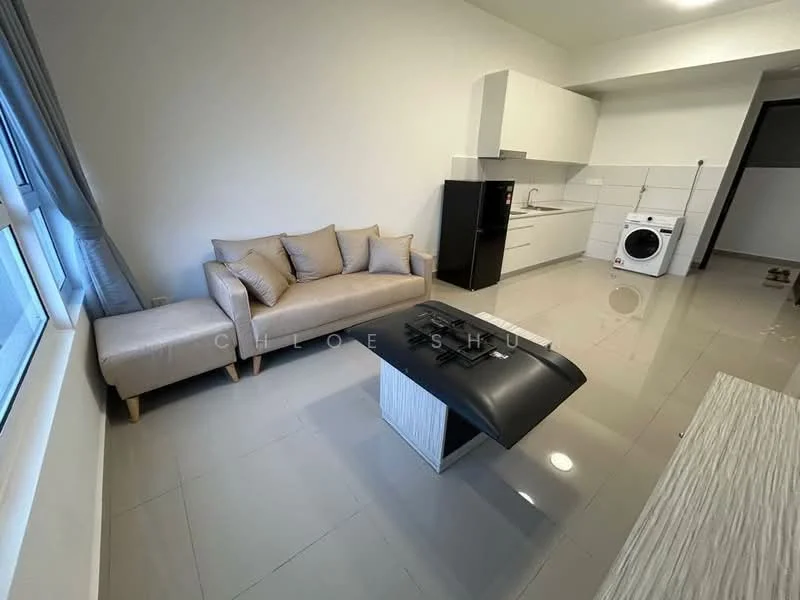 Living features: beige fabric sofa, coffee table, wall-mounted TV console, white cabinetry, kitchenette with countertop, washing machine, large windows, grey tiled flooring, recessed lighting; style: modern.
