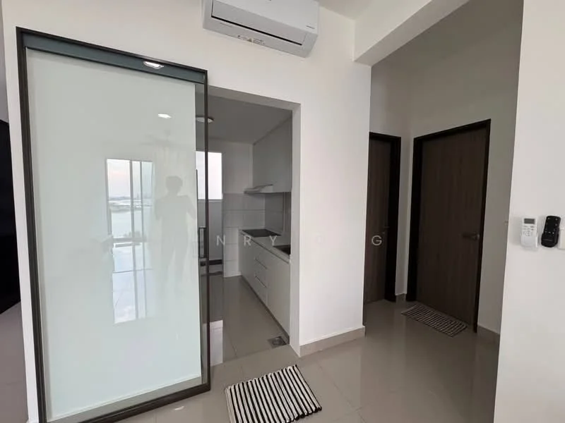 Room features: sliding glass door, white cabinetry, kitchen countertop, stainless-steel sink, wall-mounted split AC, grey tiled flooring, recessed downlights, doorway to hallway, doorway to kitchen, floor-to-ceiling windows, area rug with striped pattern; style: modern; view: city.