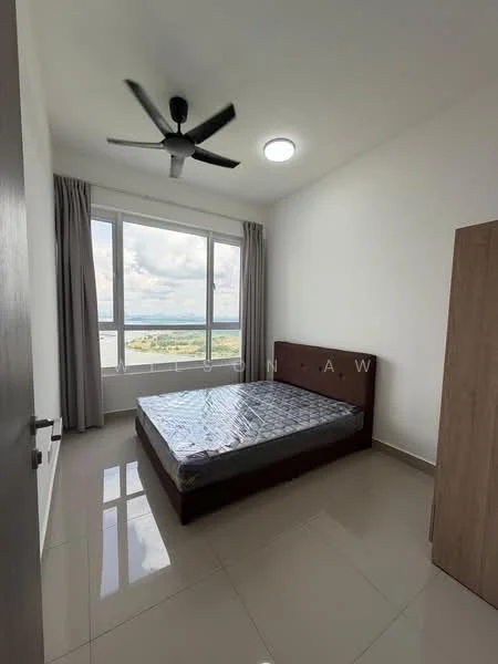 Bedroom features: queen-size bed, ceiling fan, floor-to-ceiling windows, grey curtains, white painted walls, glossy ceramic tile flooring, built-in wardrobe, natural light from window, view of landscape, light fixture in ceiling; style: modern; view: landscape.