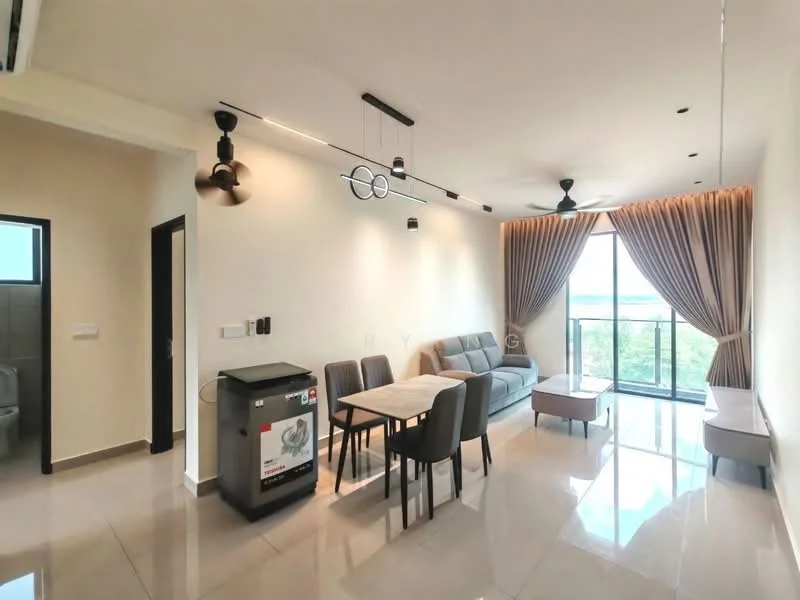 Living features: 3-seater fabric sofa in grey, dining table for 4 with upholstered chairs, floor-to-ceiling windows, curtains in beige, recessed LED downlights, 2-blade ceiling fans, polished ceramic tile flooring, wall-mounted TV, decorative wall art; style: modern; view: city.