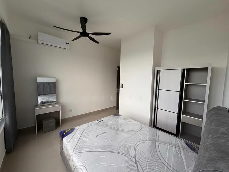 Bedroom features: queen-size bed, upholstered headboard, built-in wardrobe, ceiling fan, wall-mounted split AC, floor-to-ceiling window, grey curtains, laminate flooring, study desk with mirror, decorative wall, neutral wall color; style: modern.