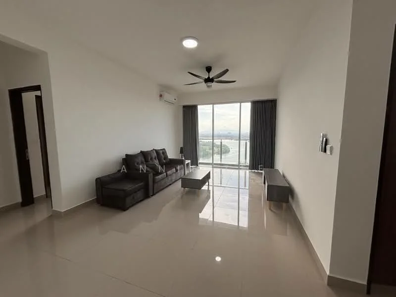 Living features: 3-seater fabric sofa in grey, coffee table, floor-to-ceiling windows, sliding glass door, white painted walls, polished tile flooring, ceiling fan, air conditioning unit, curtains, view of city skyline; style: modern; view: city.