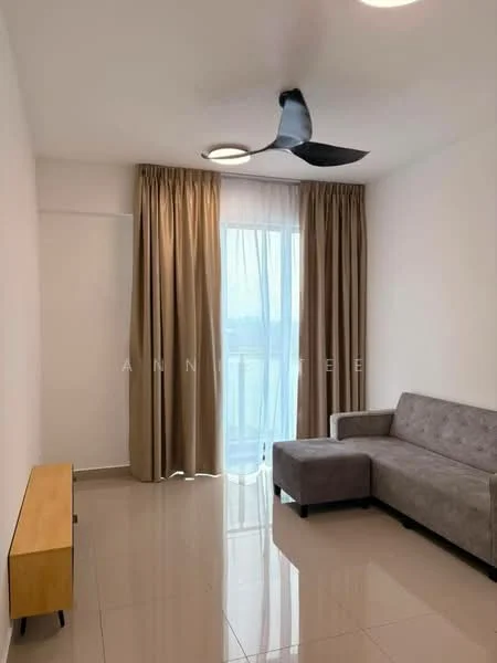 Living features: grey fabric sofa, wooden TV console, floor-to-ceiling windows, sheer curtains, 5-blade ceiling fan with light, glossy tile flooring, white painted walls, natural light from window; style: modern; view: city.