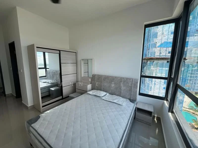Bedroom features: king-size bed, upholstered headboard, bedside table, built-in wardrobe with sliding doors, full-length mirror, floor-to-ceiling windows, grey walls, polished tile flooring, ceiling fan; style: modern; view: city.