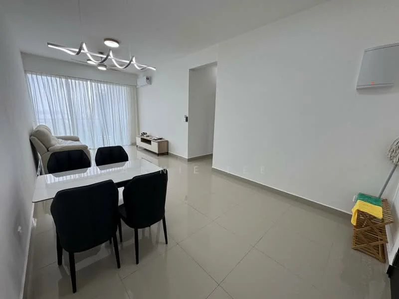 Living features: white painted walls, glossy tile flooring, 5-blade ceiling fan with integrated LED light, floor-to-ceiling windows with sheer curtains, light-colored sofa, wooden TV console, dining table with 4 black upholstered chairs, air conditioning unit on wall, decorative wall art, clean minimalist decor; style: modern; view: city.