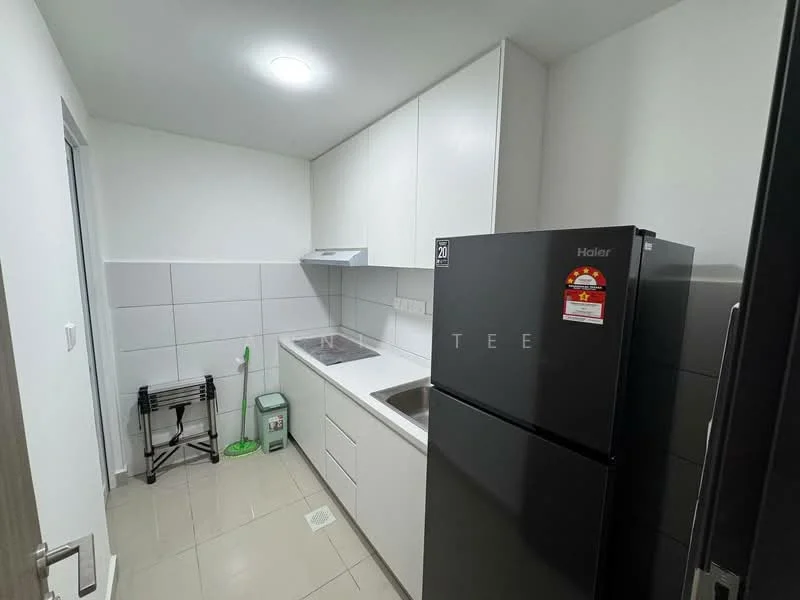 Kitchen features: white flat-panel cabinets, grey tiled backsplash, stainless-steel sink, chrome pull-down faucet, built-in stove, black refrigerator, countertop with white surface, ceramic tile flooring, under-cabinet lighting, kitchen cart, green trash bin; style: modern.